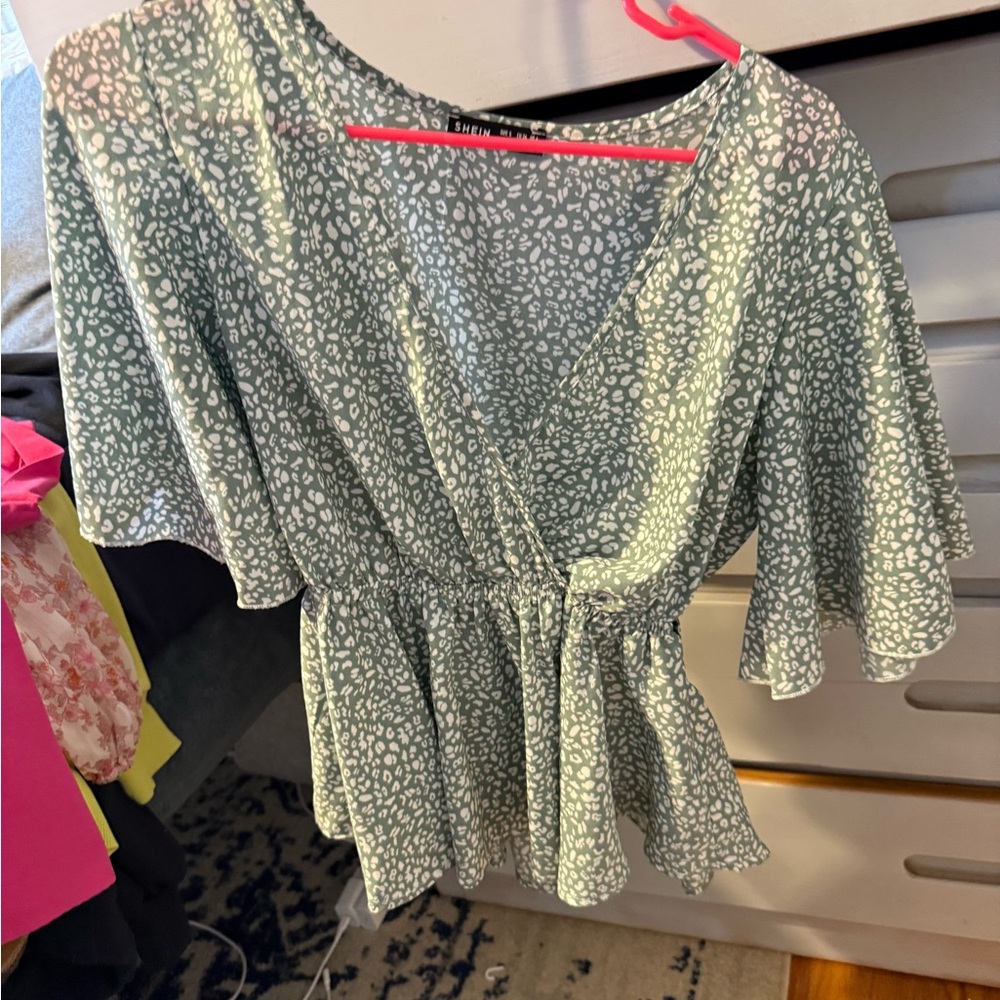SHEIN Green and White Patterned Blouse